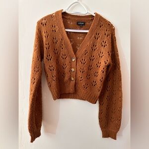 Eclipse Cropped Open-Knit Button Cardigan in Rust